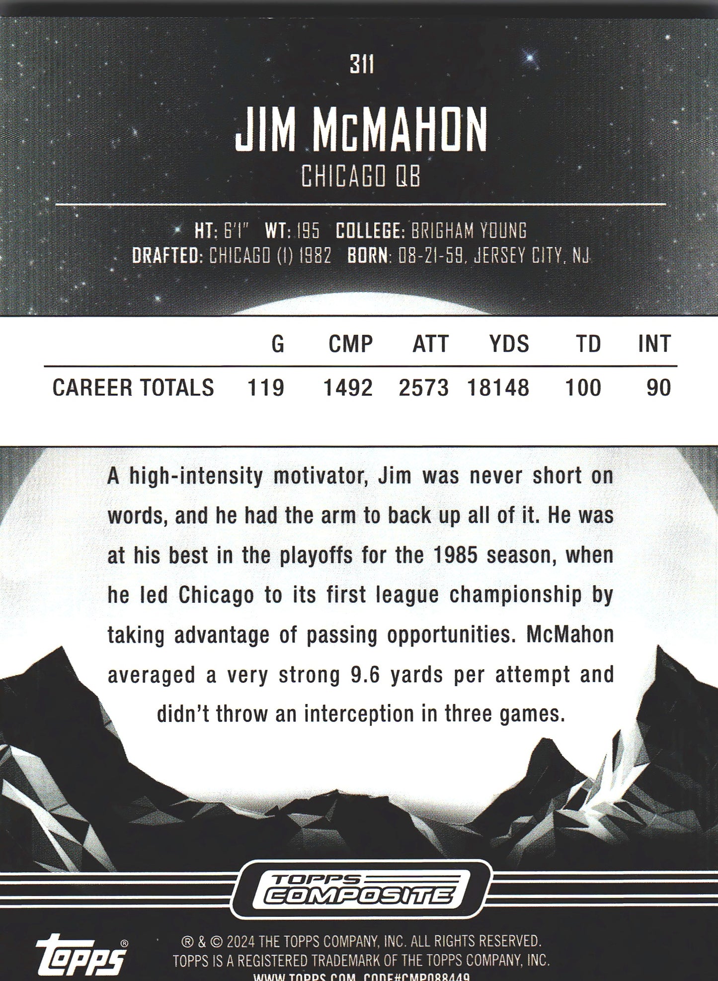 2024 Topps Composite Midnight Jim McMahon #311 Chicago Bears