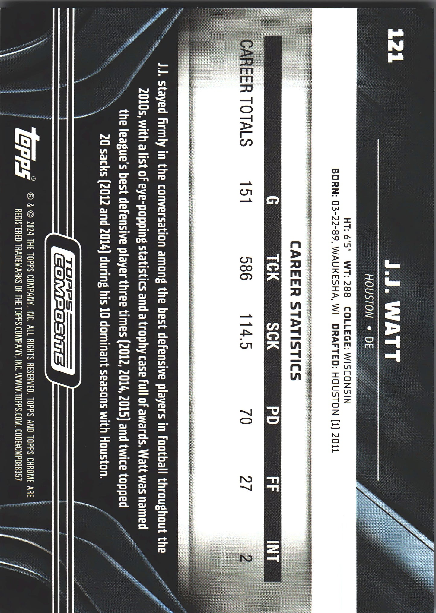 2024 Topps Composite Chrome Black /15 J.J. Watt #121 Houston Texans