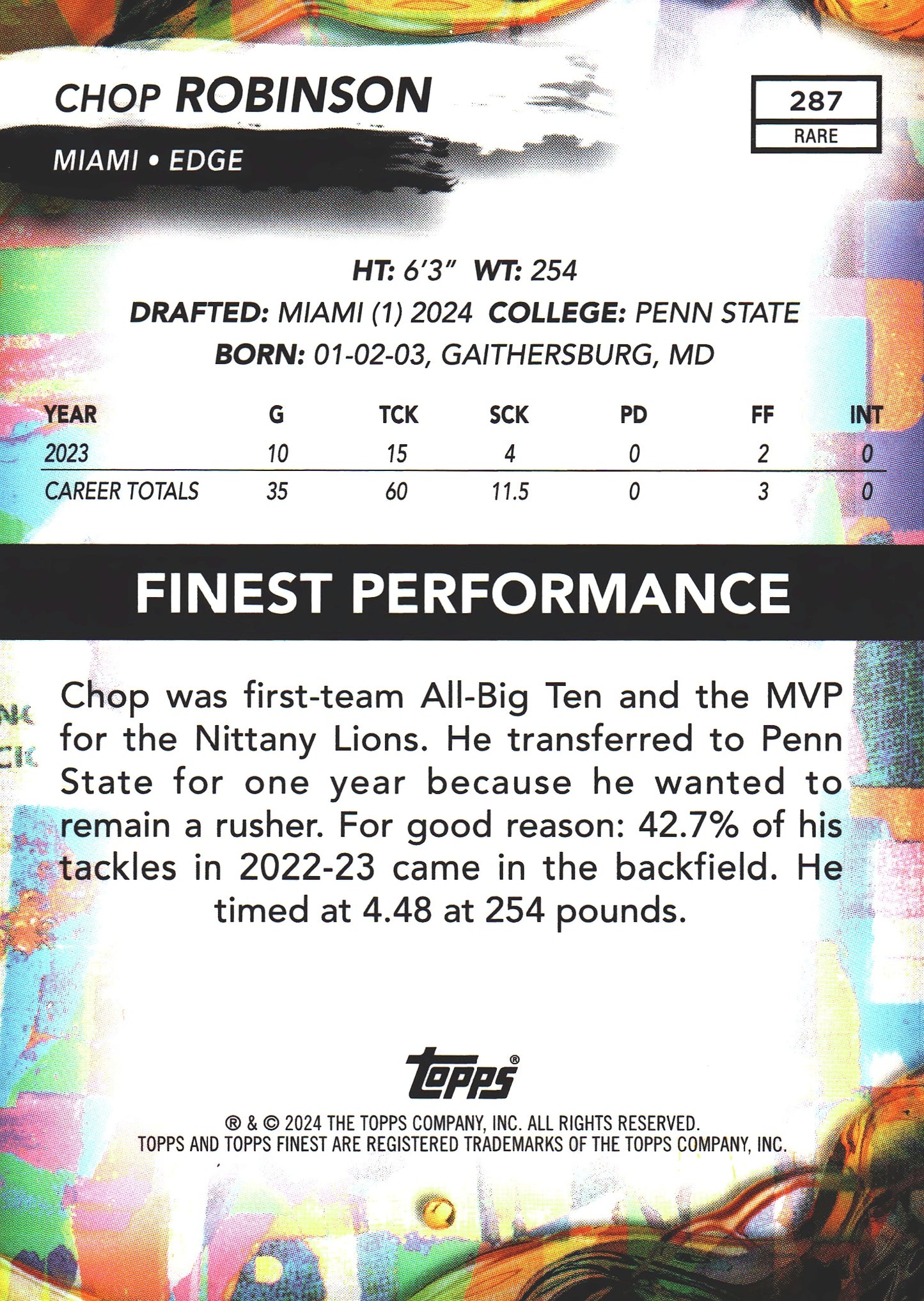 2024 Topps Finest Rare Gold /20 Chop Robinson RC #287 Miami Dolphins