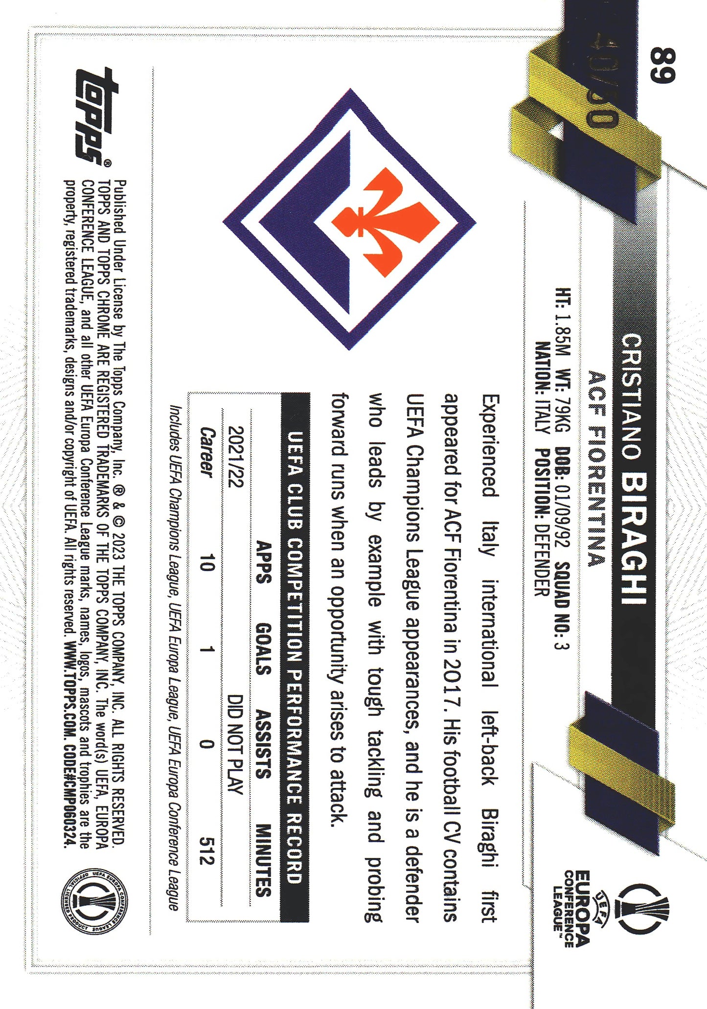2022 Topps Chrome UCC Sapphire Orange /50 Cristiano Biraghi #89 ACF Fiorentina