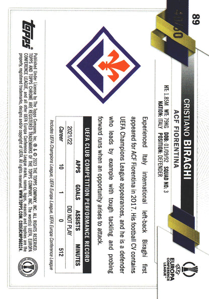 2022 Topps Chrome UCC Sapphire Orange /50 Cristiano Biraghi #89 ACF Fiorentina