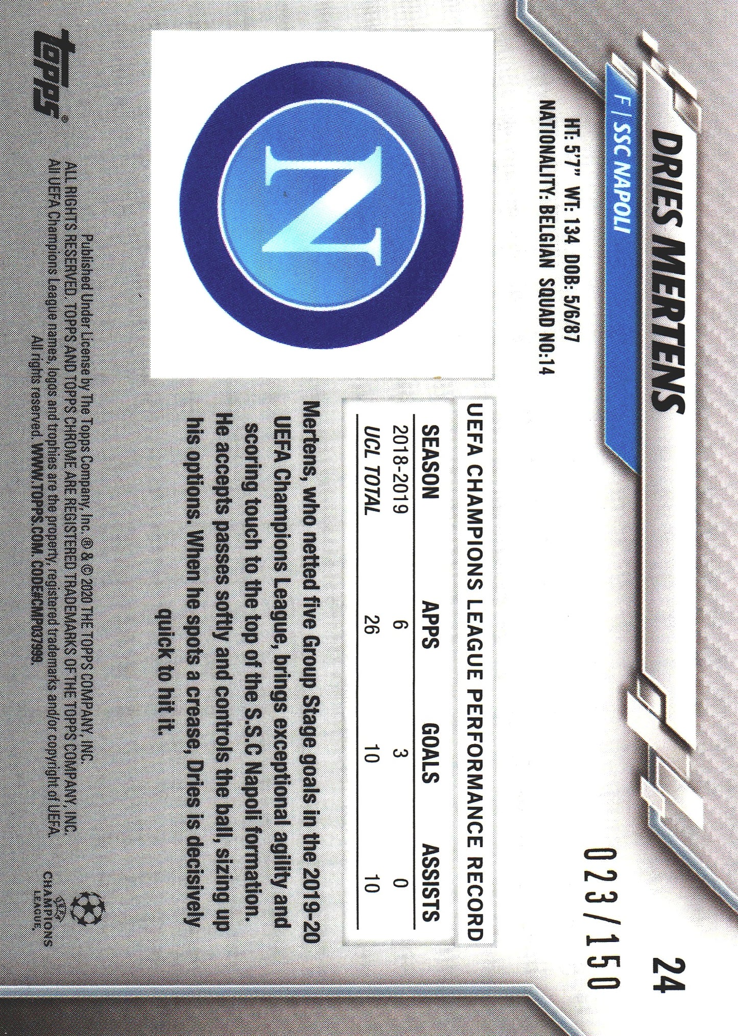 2019 Topps Chrome UCC Blue Refractor /150 Dries Mertens #24 SSC Napoli