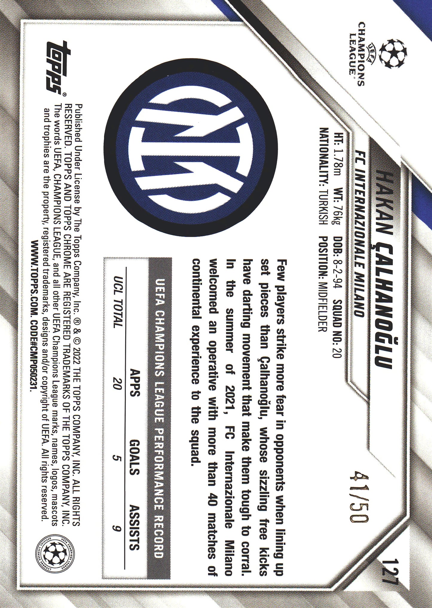 2021 Topps Chrome UCC Gold /50 Hakan Calhanoglu #127 Inter Milan