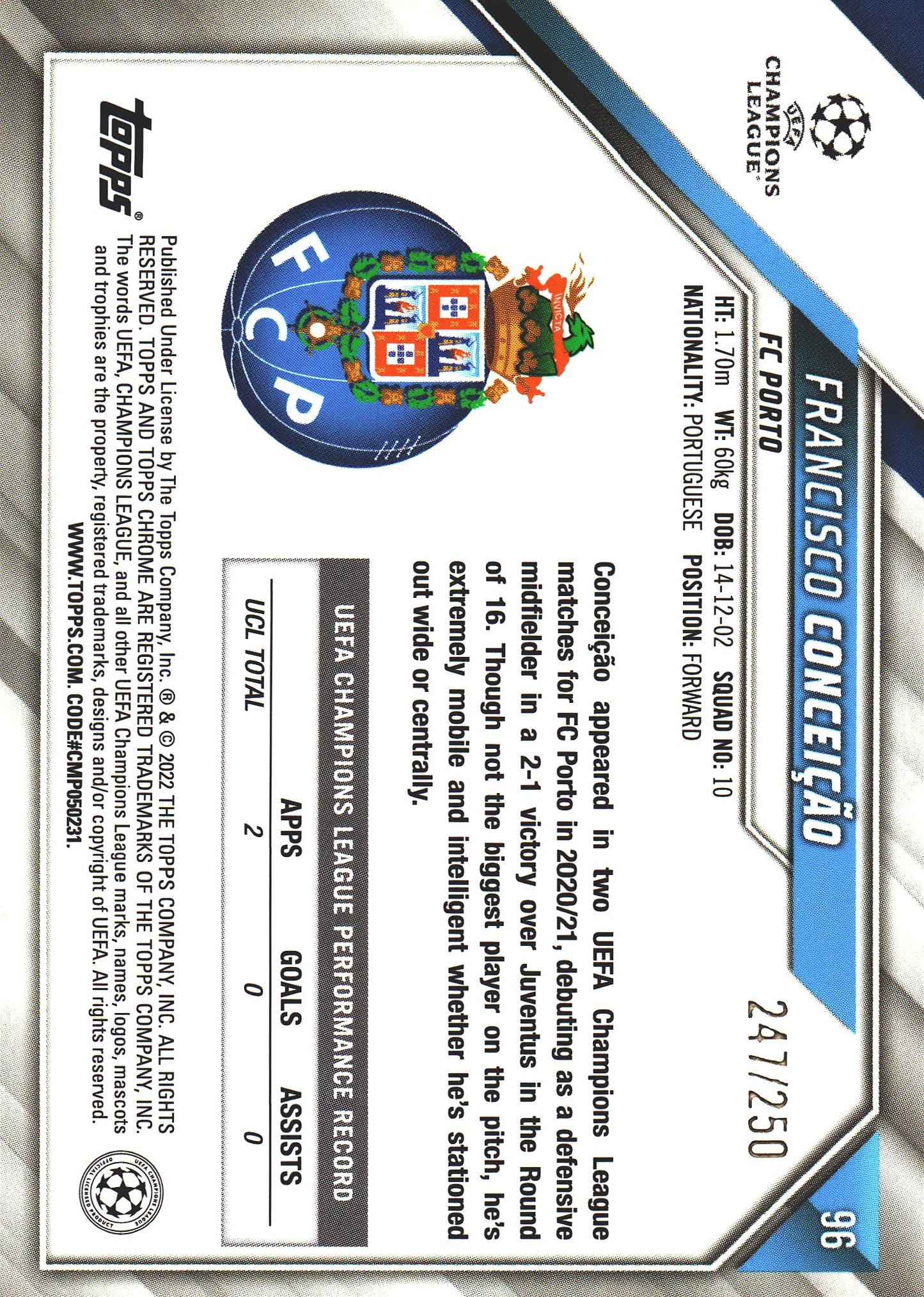 2021 Topps Chrome UCC Purple /250 Francisco Conceicao RC #96 FC Porto