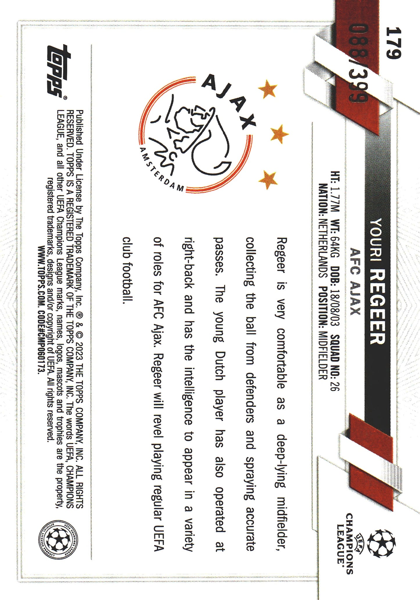 2022 Topps Chrome UCC Green Neon X-Fractor /399 Youri Regeer RC #179 Ajax Amsterdam