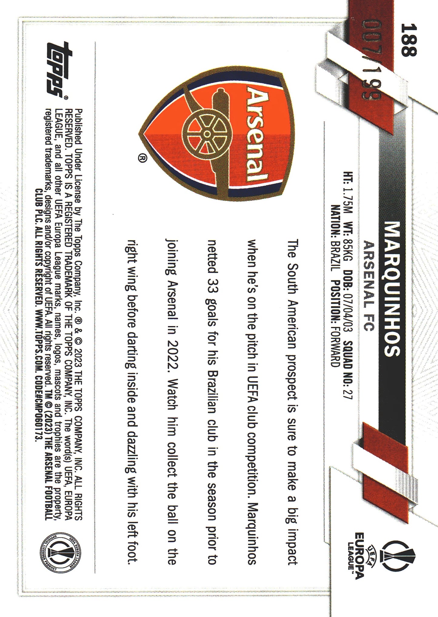 2022 Topps Chrome UCC Aqua Lava /199 Marquinhos RC #188 Arsenal