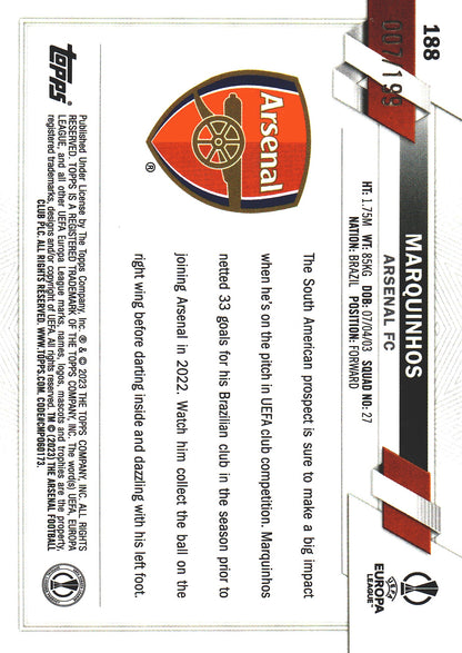 2022 Topps Chrome UCC Aqua Lava /199 Marquinhos RC #188 Arsenal