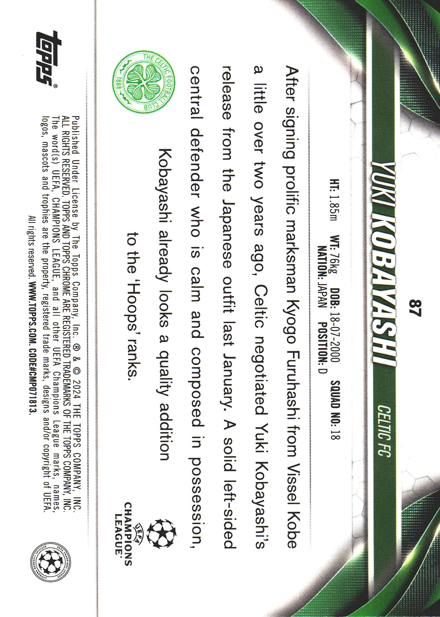 2023 Topps Chrome Green Wave /399 Yuki Kobayashi #87 Celtic FC