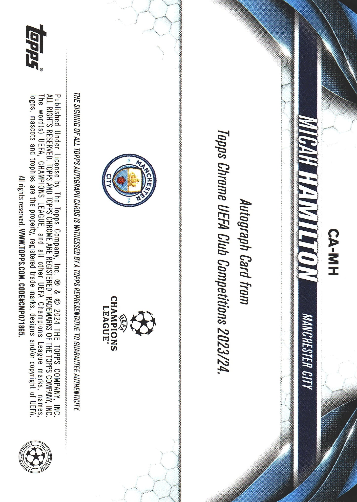 2023 Topps Chrome Autograph Refractor Micah Hamilton RC #CA-MH Manchester City