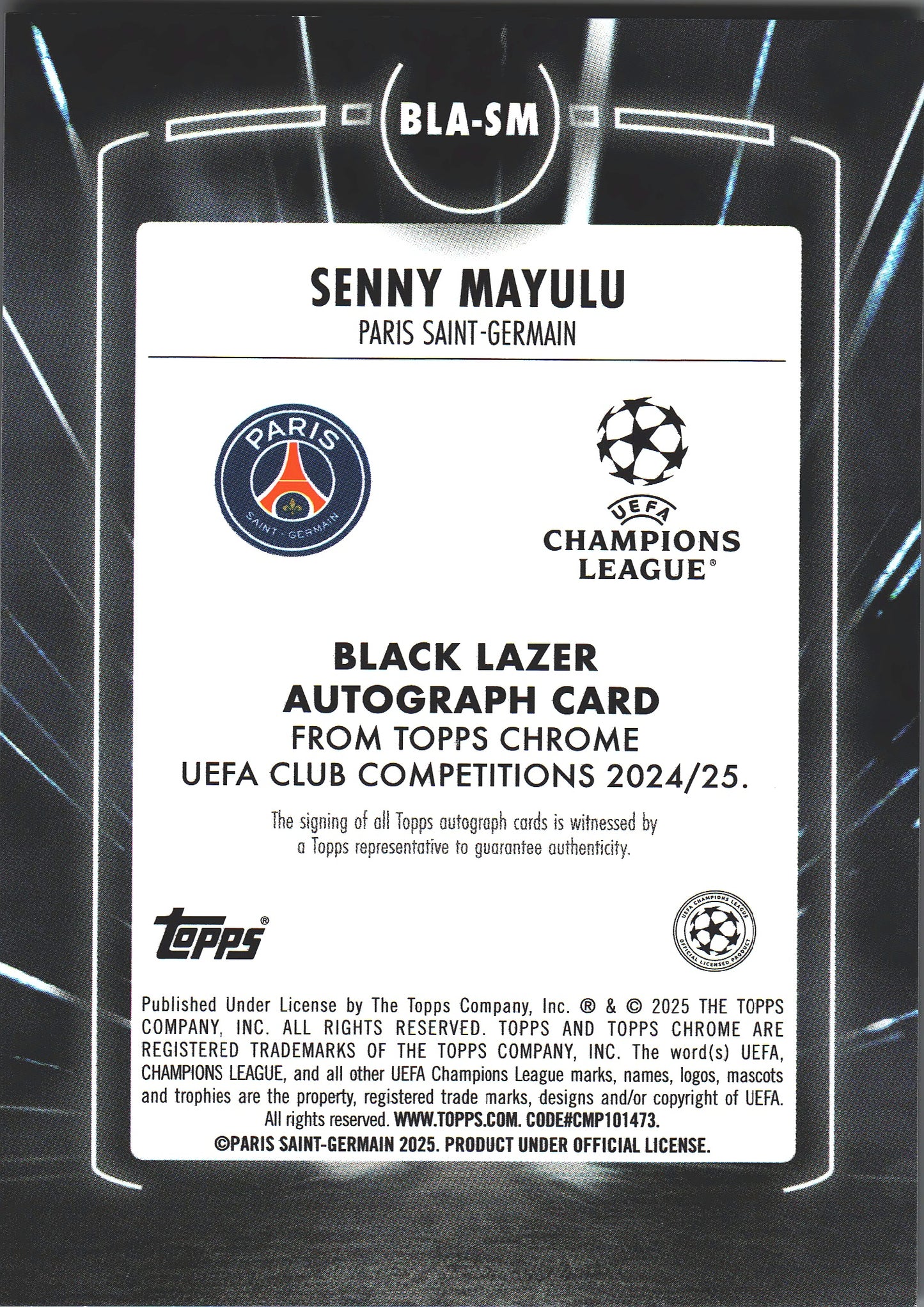 2024 Topps Chrome Autograph Black Lazer Senny Mayulu RC #BLA-SM Paris Saint-Germain