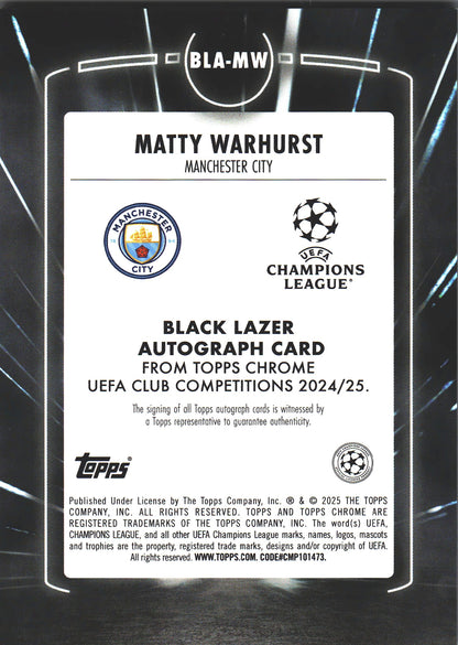 2024 Topps Chrome Autograph Black Lazer Matty Warhurst RC #BLA-MW Manchester City