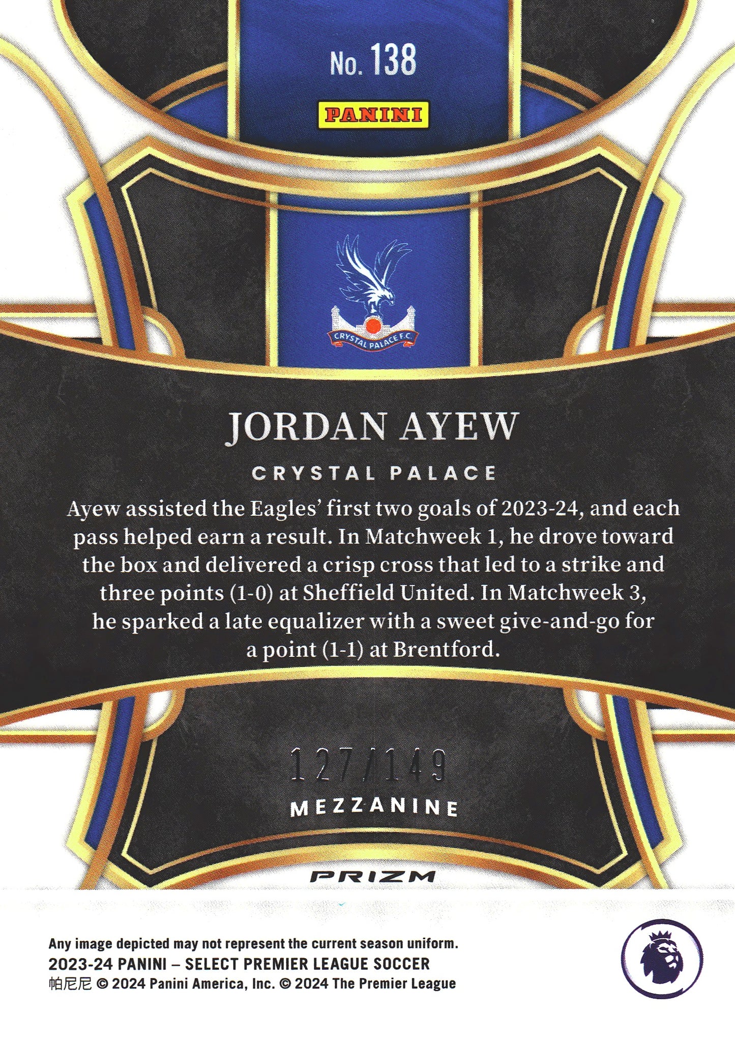 2023 Panini Select Premier League Red Wave /149 Jordan Ayew #138 Crystal Palace