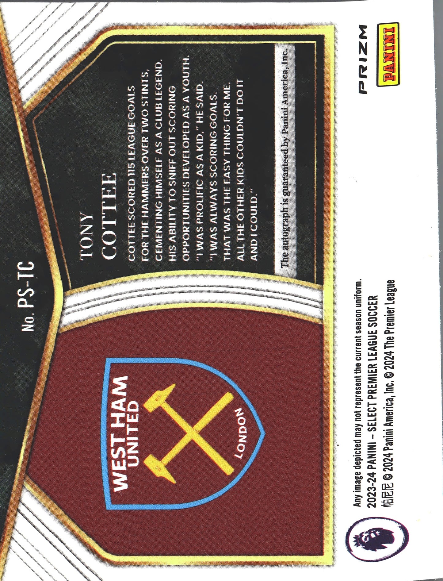 2023 Panini Select Premier League Pitchside Signature Red Tony Cottee #PS-TC West Ham United