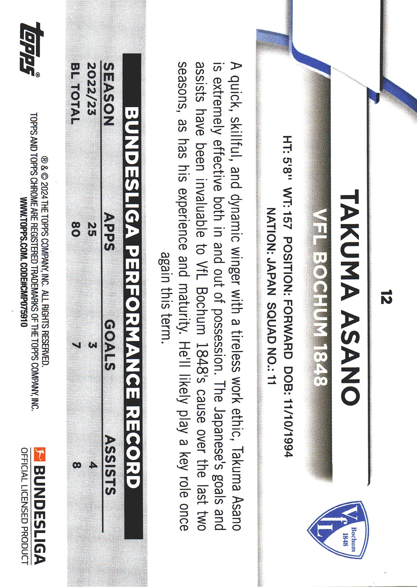 2023 Topps Bundesliga Jade Edition Takuma Asano #12 VfL Bochum