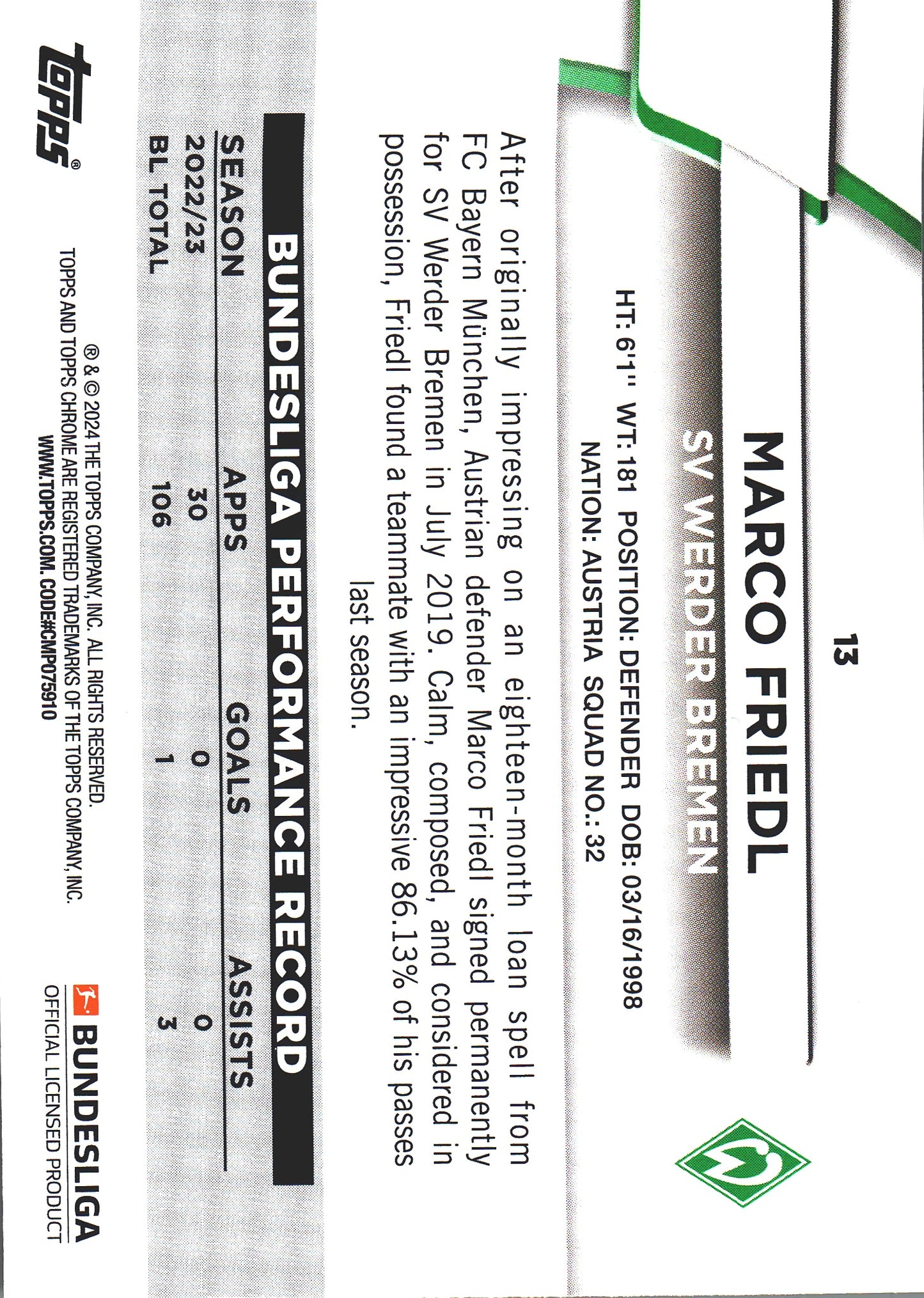 2023 Topps Bundesliga Jade Edition Marco Friedl #13 Werder Bremen