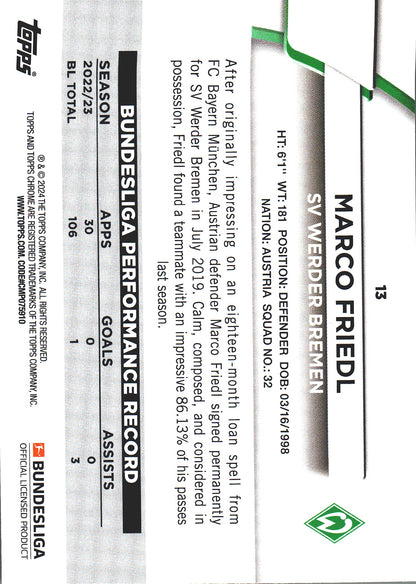 2023 Topps Bundesliga Jade Edition Marco Friedl #13 Werder Bremen