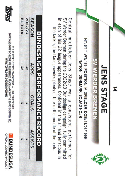 2023 Topps Bundesliga Jade Edition Jens Stage #14 Werder Bremen