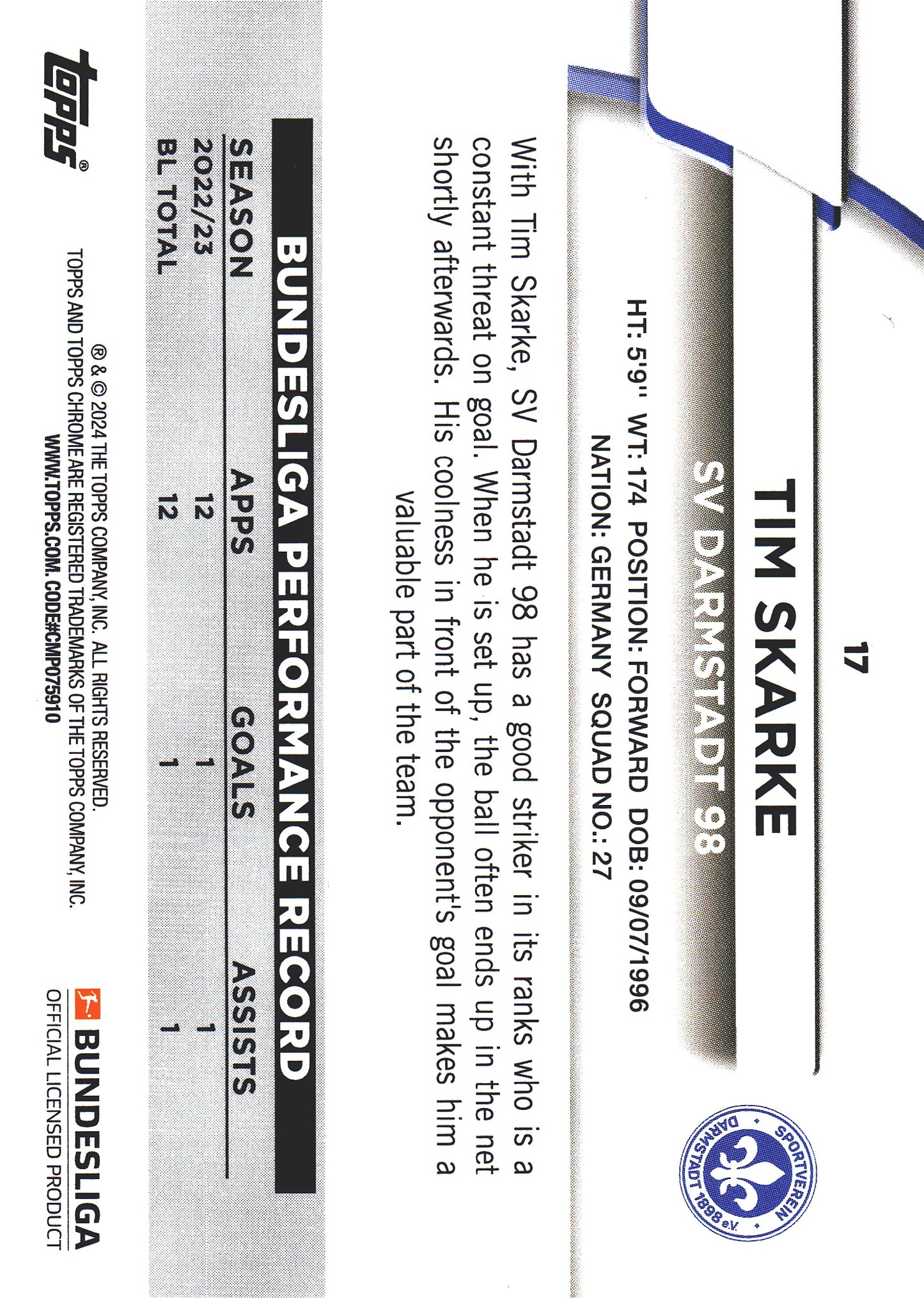 2023 Topps Bundesliga Jade Edition Tim Skarke #17 Darmstadt 98