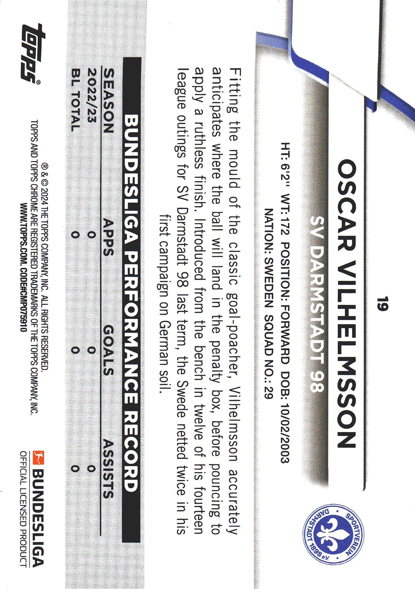 2023 Topps Bundesliga Jade Edition Oscar Vilhelmsson #19 Darmstadt 98