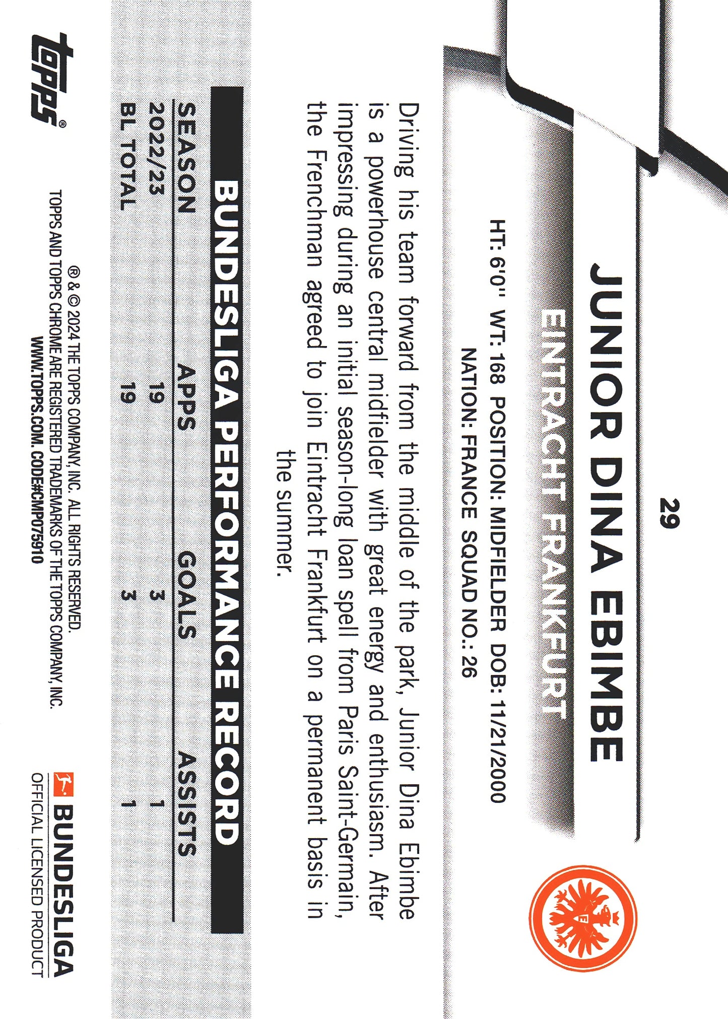 2023 Topps Bundesliga Jade Edition Junior Dina Ebimbe #29 Eintracht Frankfurt