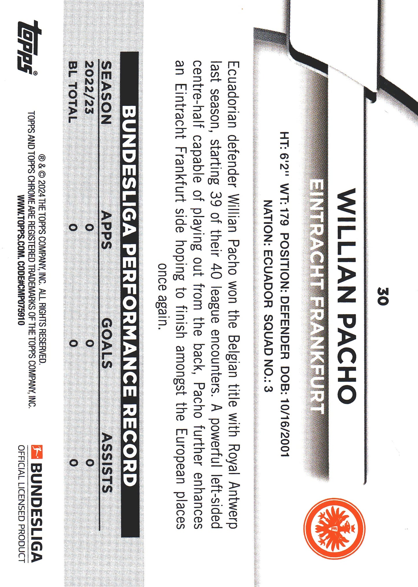 2023 Topps Bundesliga Jade Edition Willian Pacho RC #30 Eintracht Frankfurt