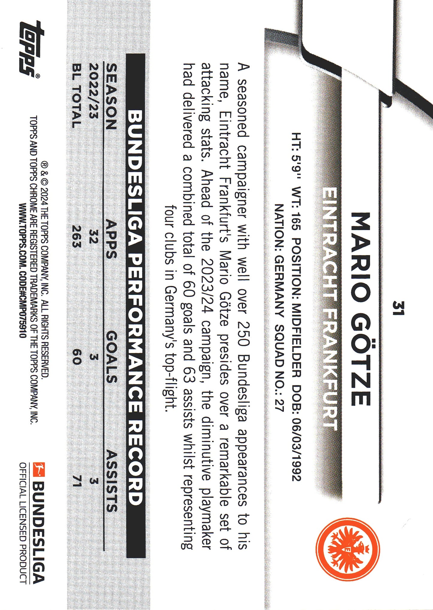 2023 Topps Bundesliga Jade Edition Mario Gotze #31 Eintracht Frankfurt