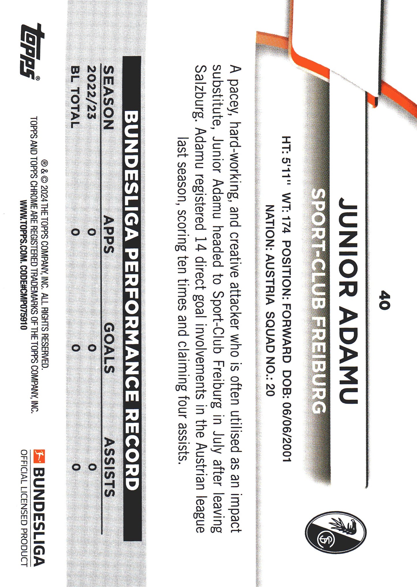 2023 Topps Bundesliga Jade Edition Junior Adamu #40 SC Freiburg