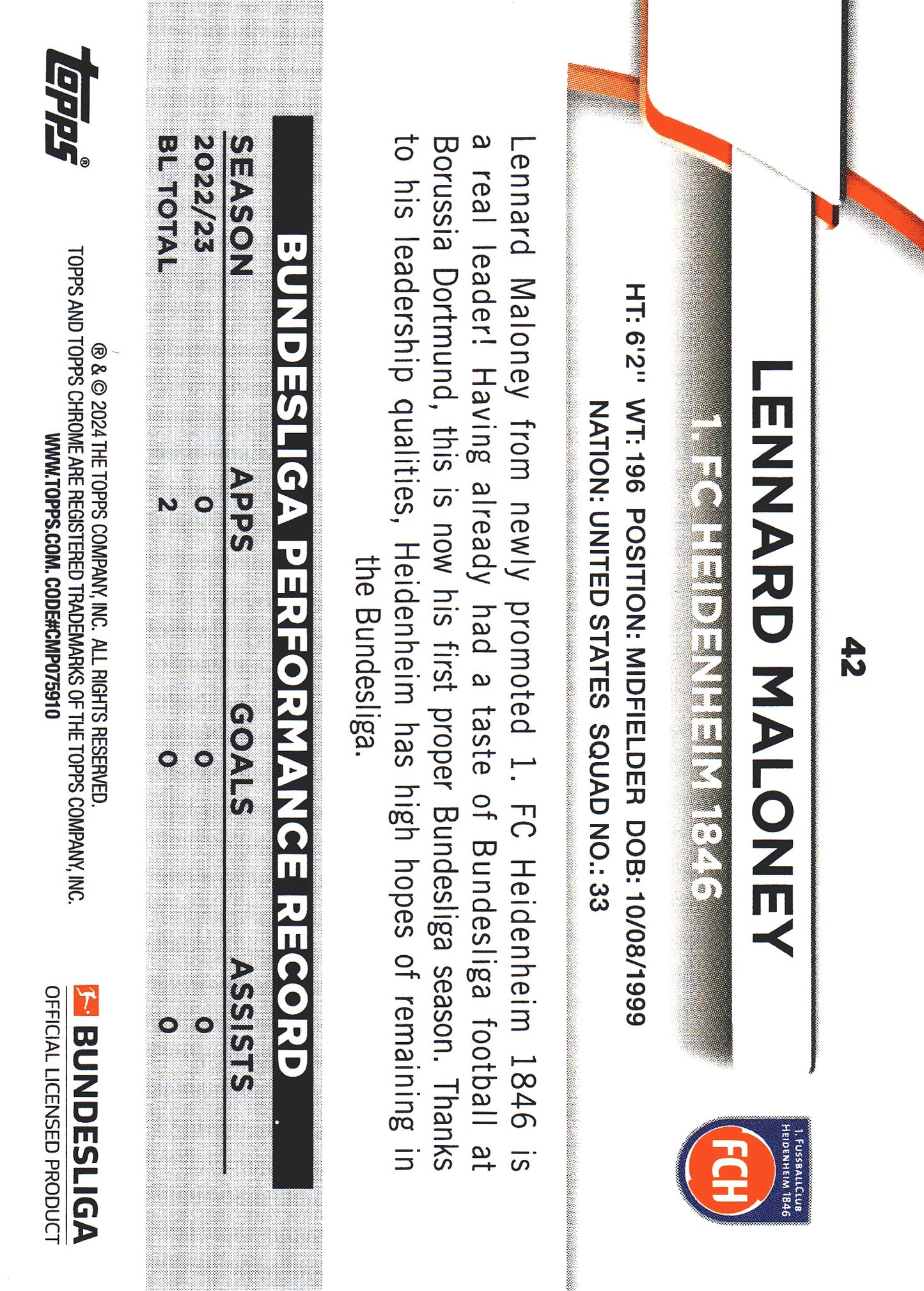 2023 Topps Bundesliga Jade Edition Lennard Maloney RC #42 Heidenheim