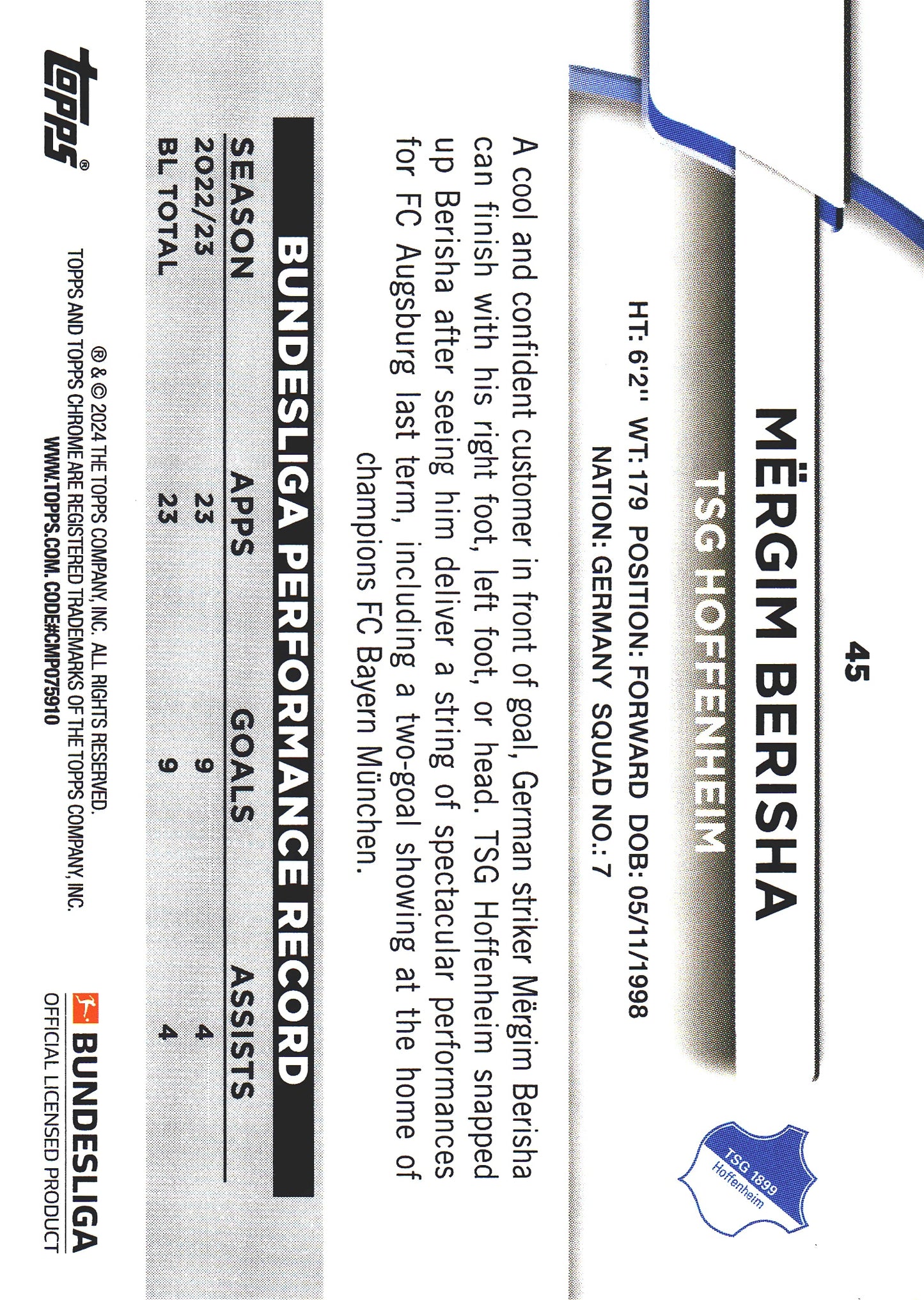 2023 Topps Bundesliga Jade Edition Mergim Berisha #45 Hoffenheim