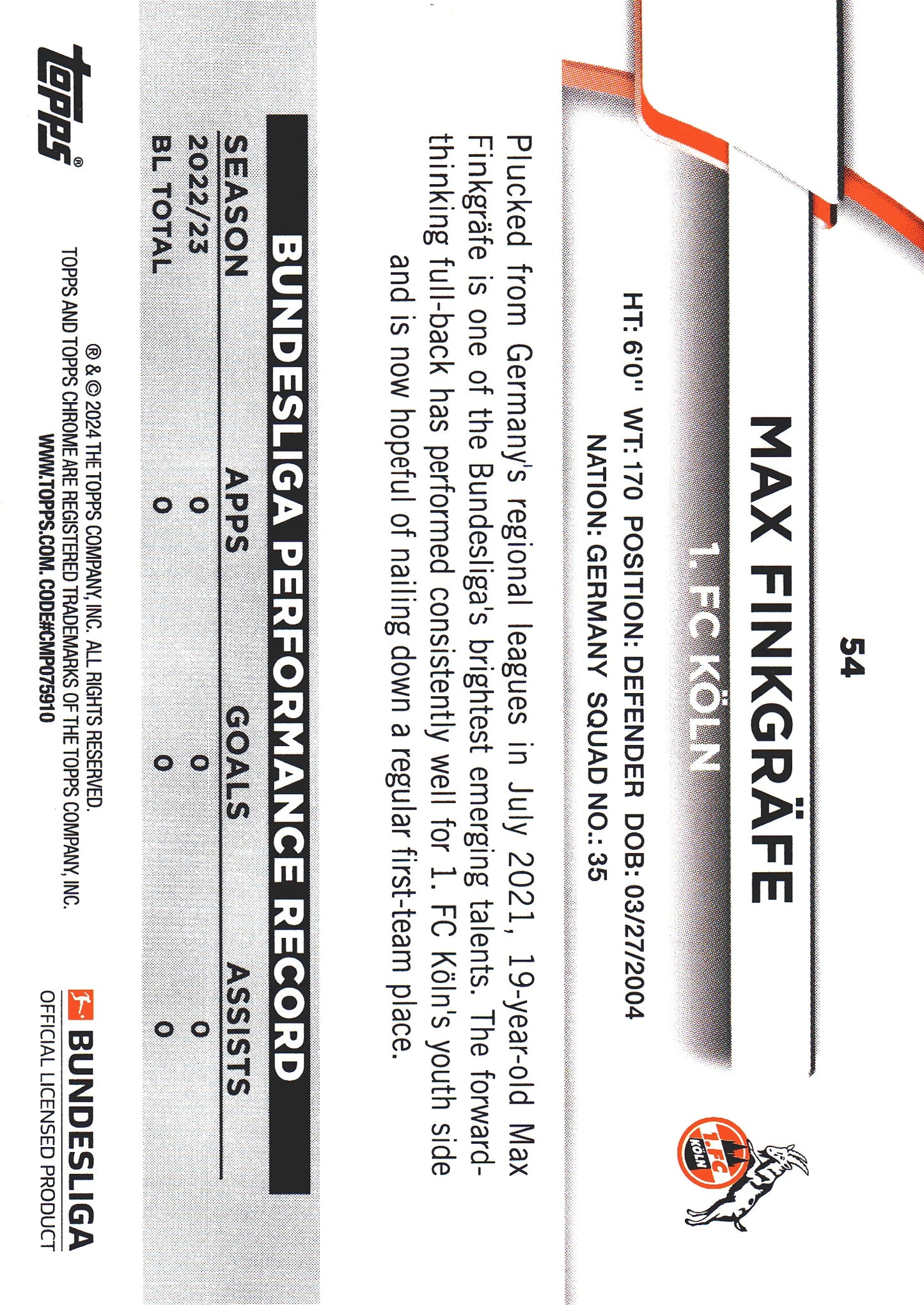 2023 Topps Bundesliga Jade Edition Max Finkgrafe RC #54 FC Koln