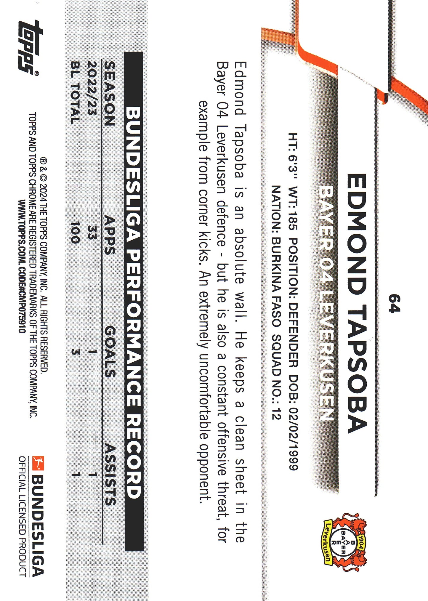 2023 Topps Bundesliga Jade Edition Edmond Tapsoba #64 Bayer Leverkusen