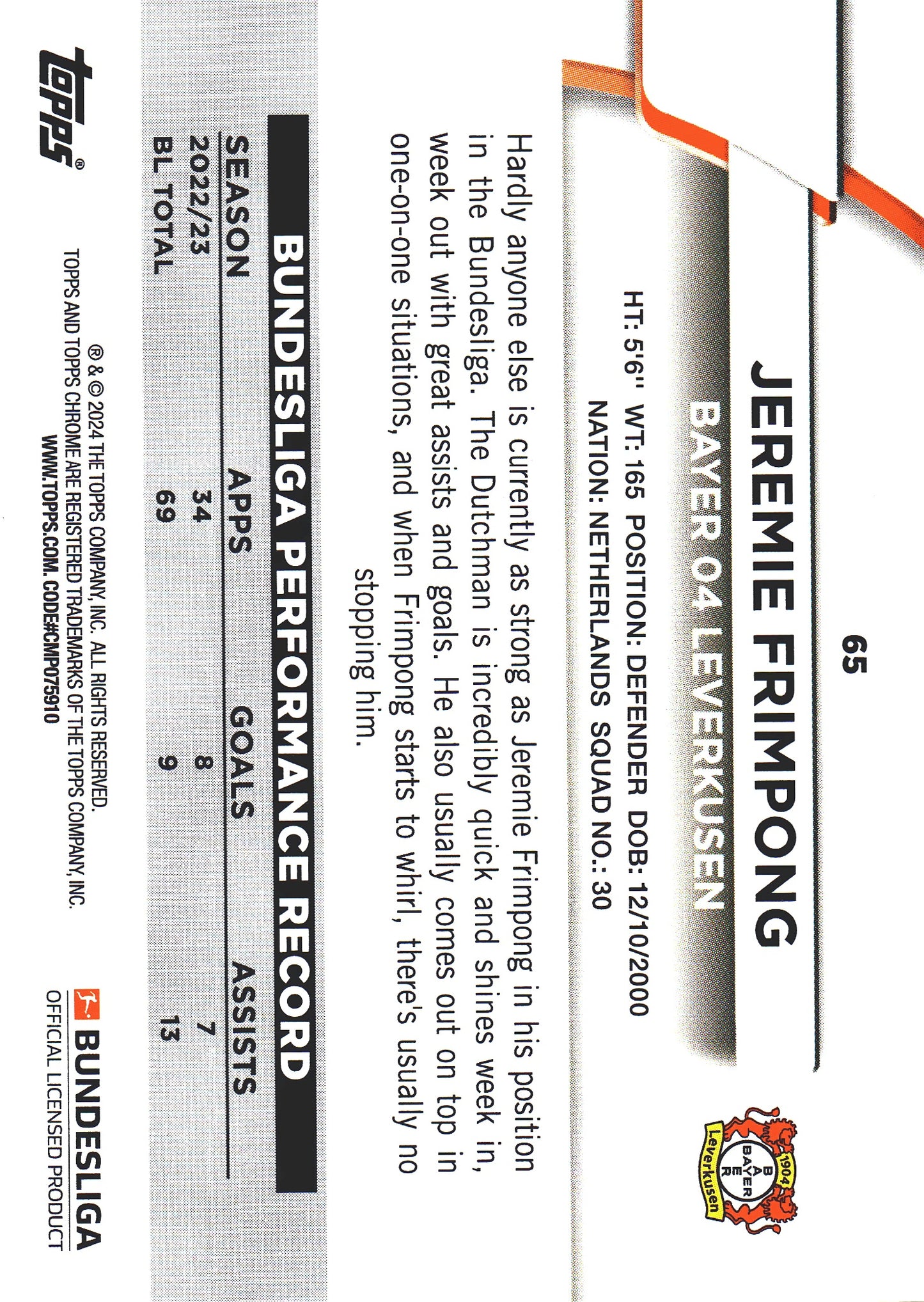 2023 Topps Bundesliga Jade Edition Jeremie Frimpong #65 Bayer Leverkusen