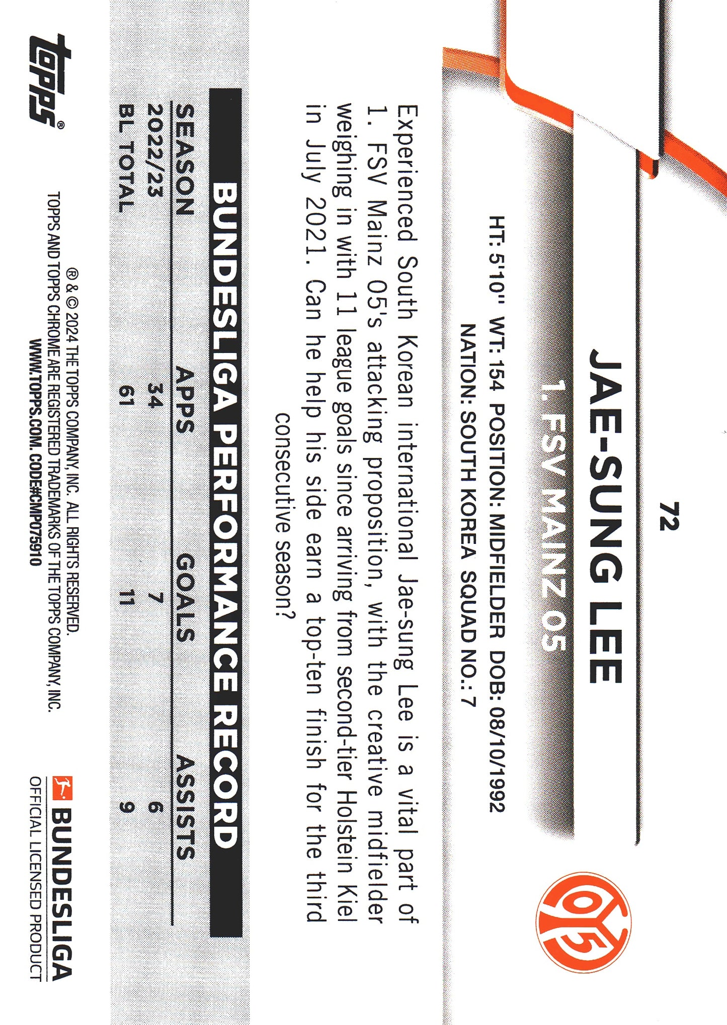 2023 Topps Bundesliga Jade Edition Jae-Sung Lee #72 Mainz 05