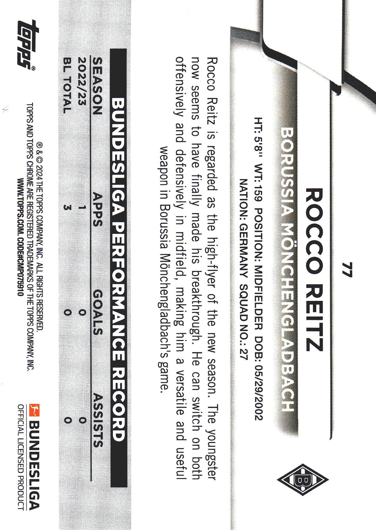 2023 Topps Bundesliga Jade Edition Rocco Reitz RC #77 Borussia Monchengladbach