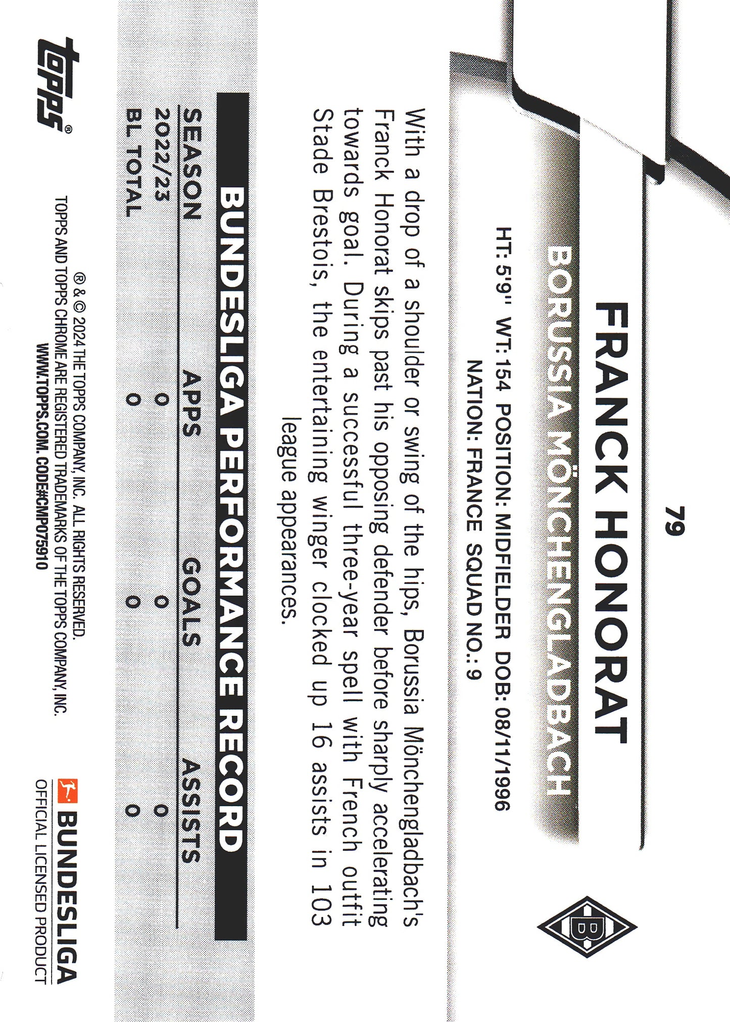 2023 Topps Bundesliga Jade Edition Franck Honorat #79 Borussia Monchengladbach