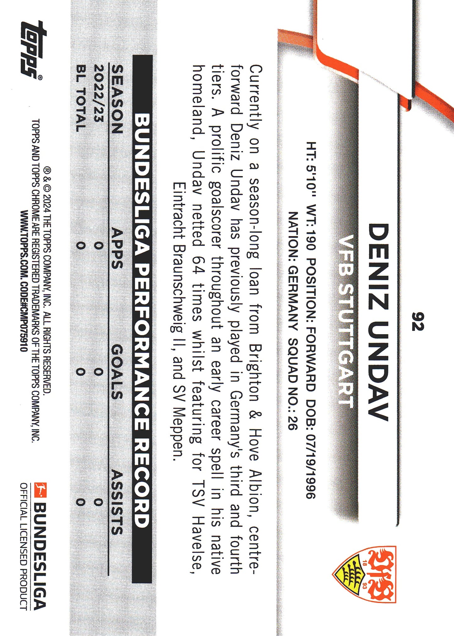 2023 Topps Bundesliga Jade Edition Deniz Undav #92 VfB Stuttgart