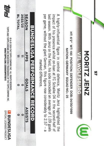 2023 Topps Bundesliga Jade Edition Moritz Jenz RC #97 VfL Wolfsburg