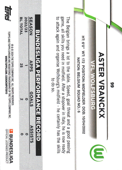 2023 Topps Bundesliga Jade Edition Aster Vranckx #99 VfL Wolfsburg