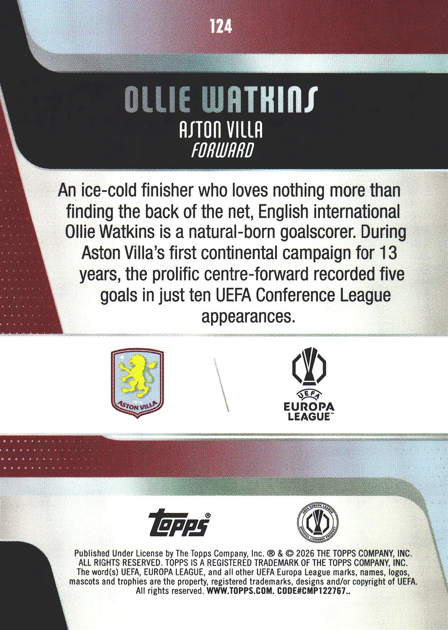 2025 Topps UCC Ollie Watkins Yellow Inferno Holo /299 #124 Aston Villa