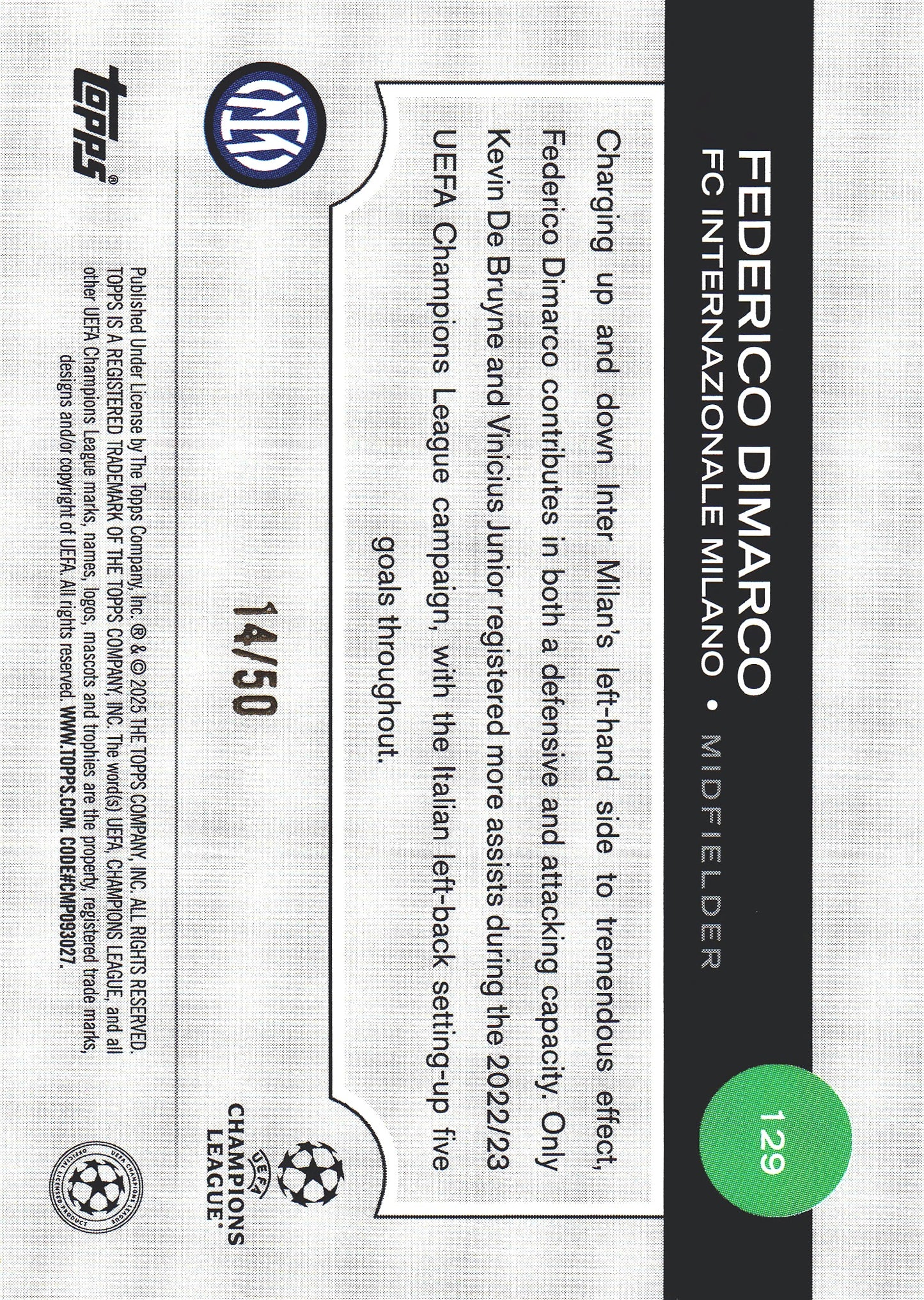 2024 Topps UCC Gold /50 Federico Dimarco #129 Inter Milan