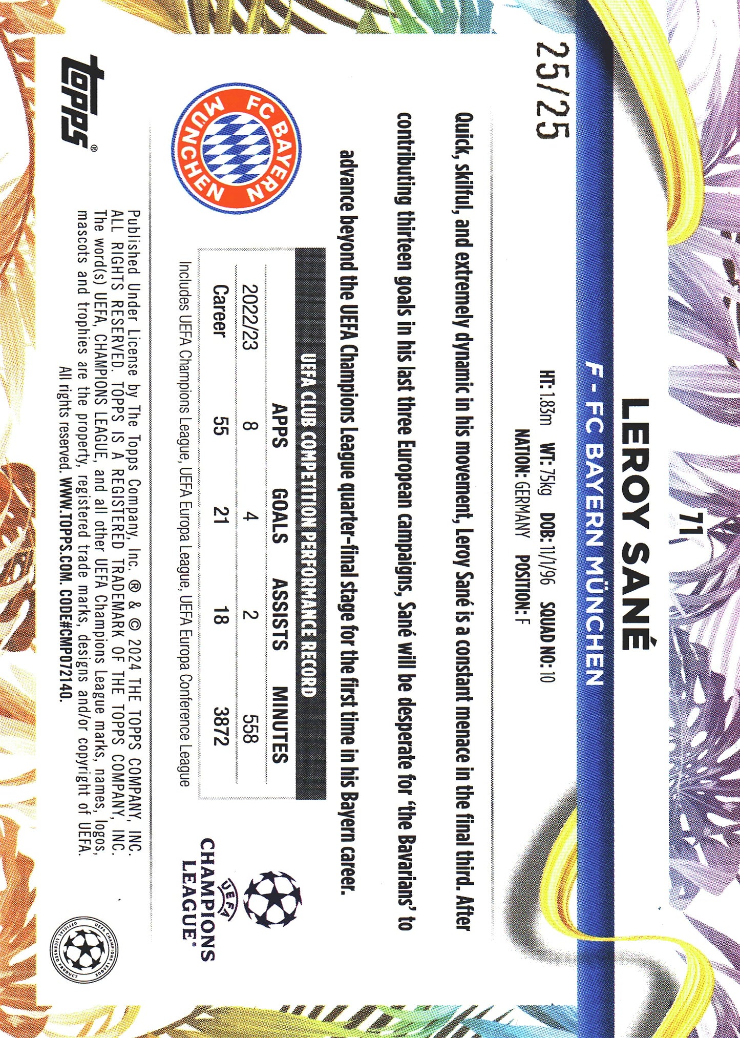 2023 Topps UCC Carnaval Leroy Sane /25 #71 Bayern Munich