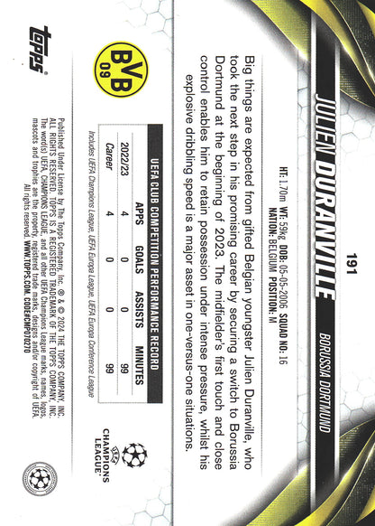 2023 Topps UCC SP Julien Duranville RC #191 Borussia Dortmund