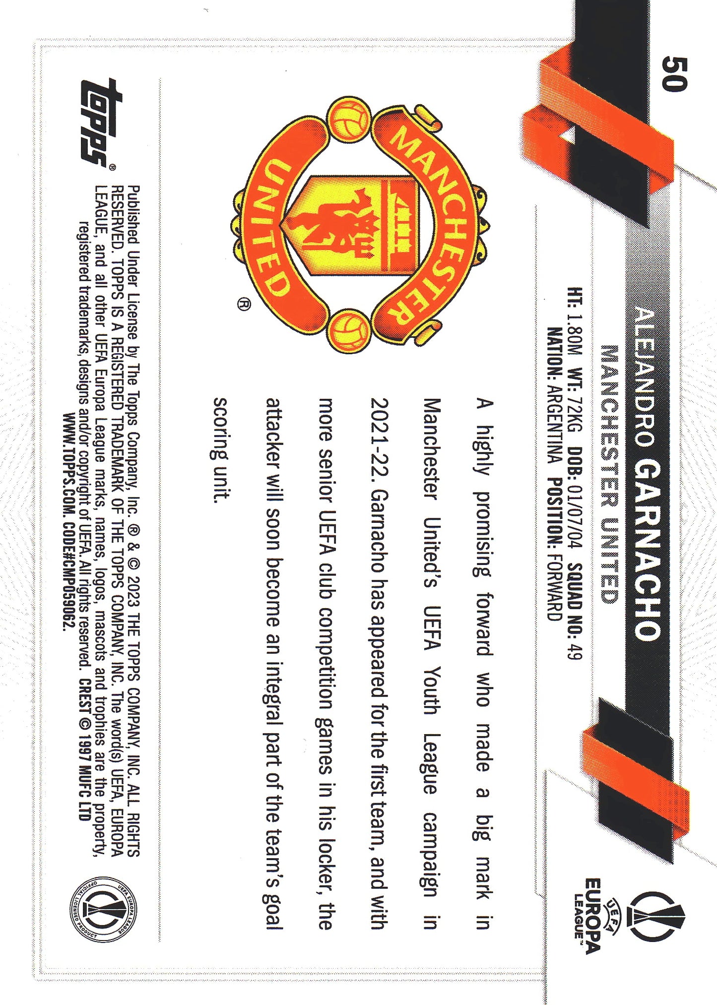 2022 Topps UCC SP Alejandro Garnacho RC #50 Manchester United