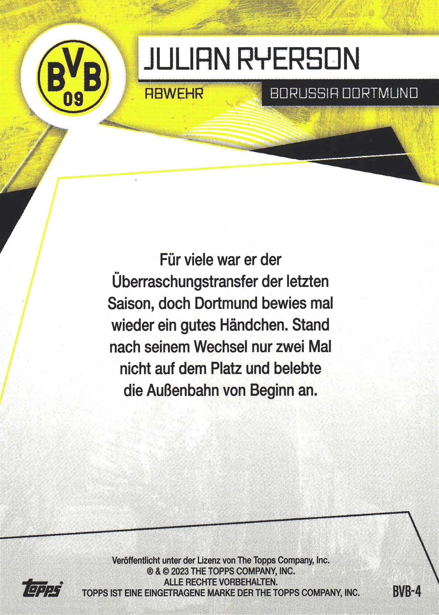 2023 Topps Dortmund Fan Set Julian Ryerson Black /50 #BVB-4 Borussia Dortmund