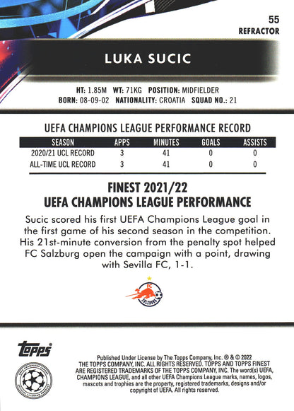 2021 Topps Finest UCC Refractor Luka Sucic RC #55 RB Salzburg