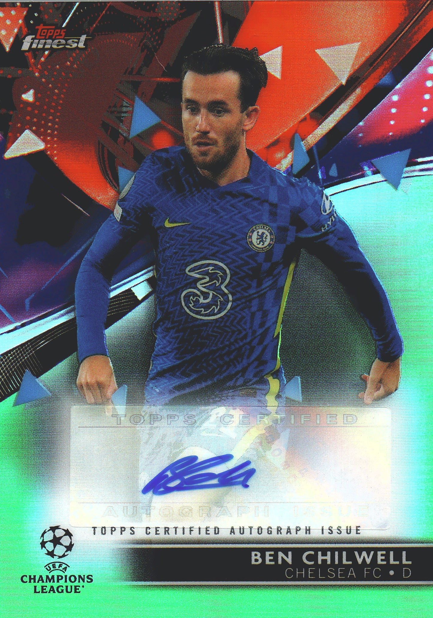 2021 Topps Finest UCC Autographs Neon Green Refractor /99 Ben Chilwell #BA-BC Chelsea