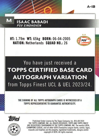 2023 Topps Finest UCC Purple Shimmer /199 Isaac Babadi #A-IB PSV Eindhoven