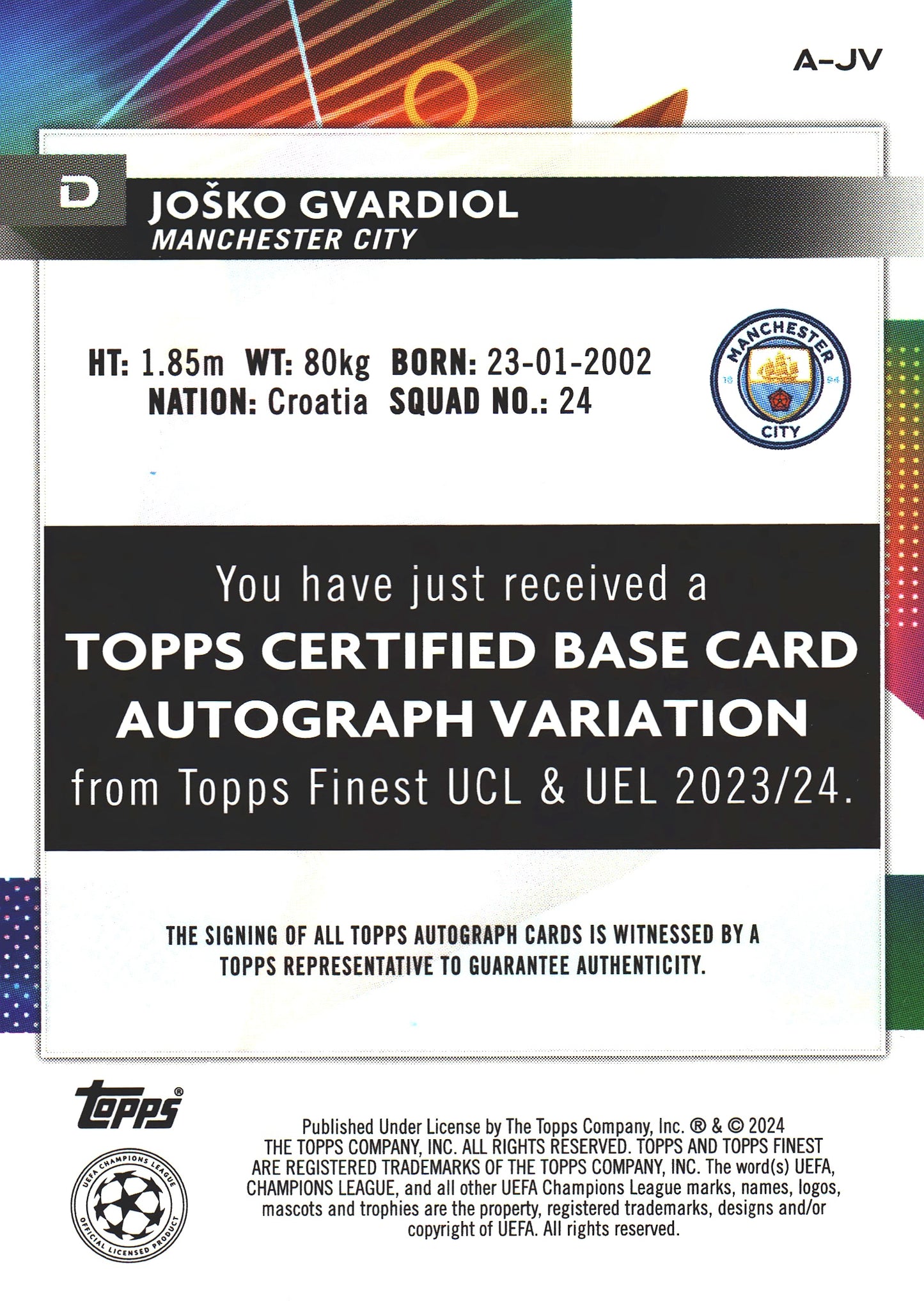 2023 Topps Finest UCC Autograph Josko Gvardiol #A-JV Manchester City