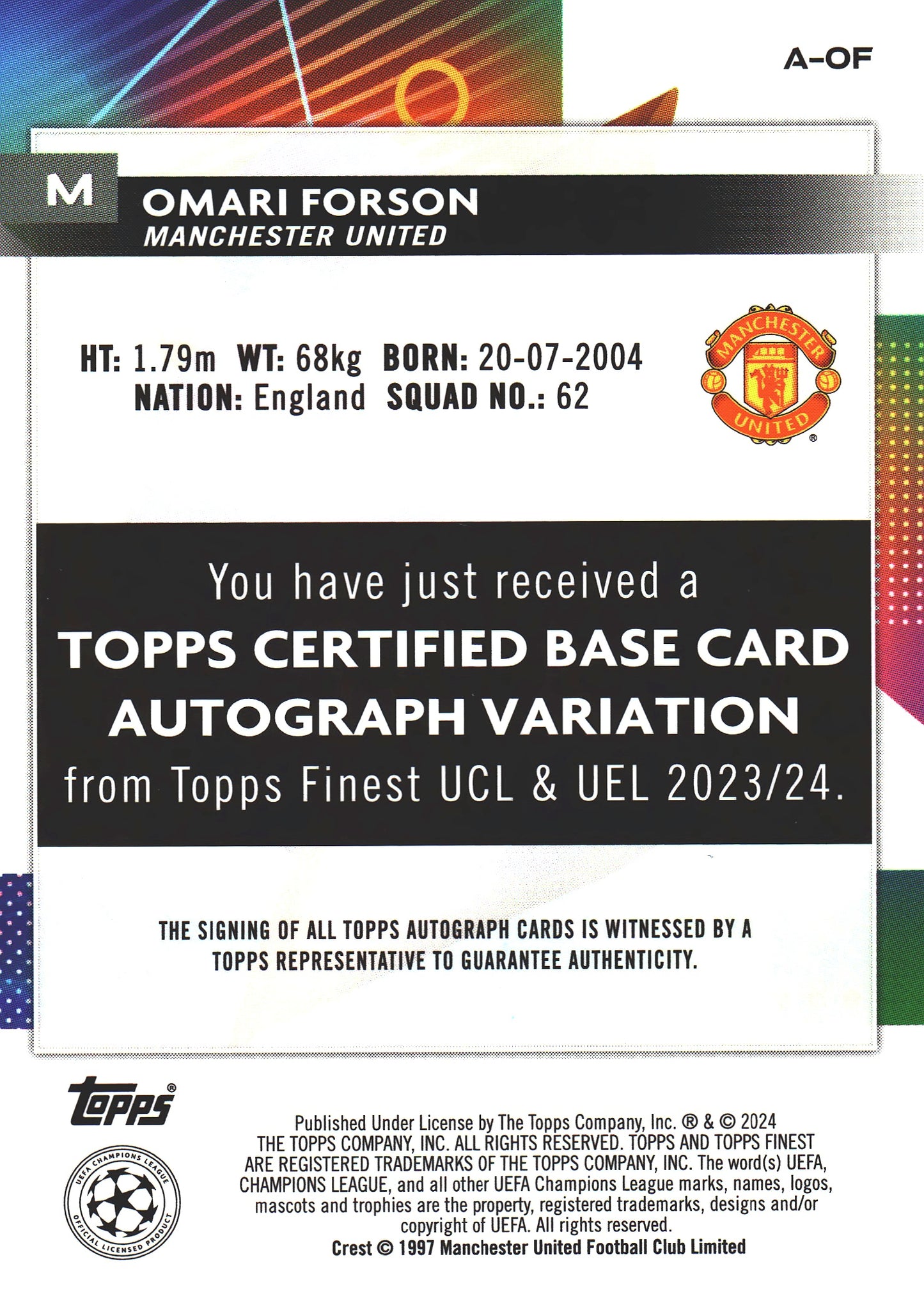 2023 Topps Finest UCC Autograph Omari Forson RC #A-OF Manchester United
