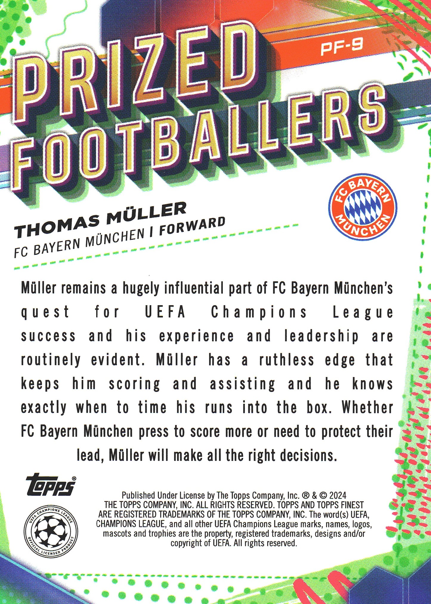 2023 Topps Finest UCC Prized Footballers Purple /299 Thomas Muller #PF-9 Bayern Munich
